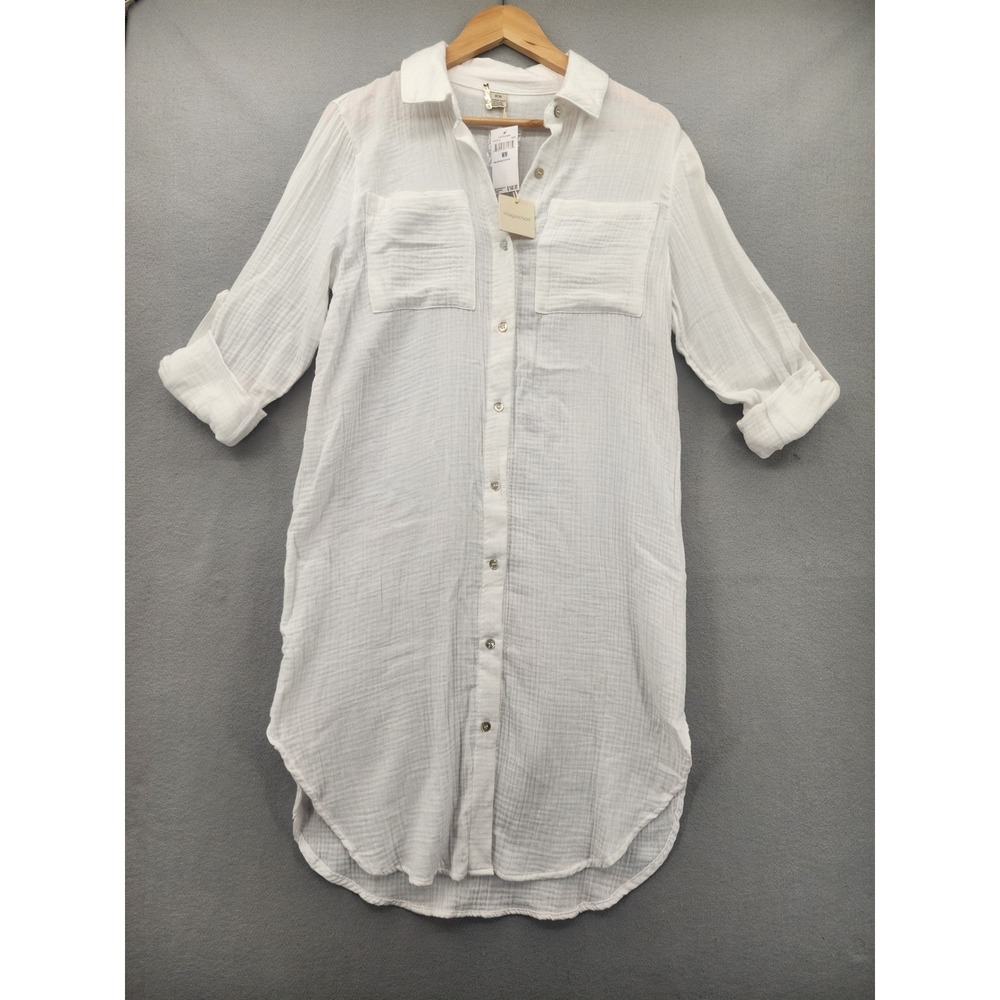 Magaschoni White Organic Cotton Gauze Tunic Shirt Dress New Roll Tab Sleeve Med